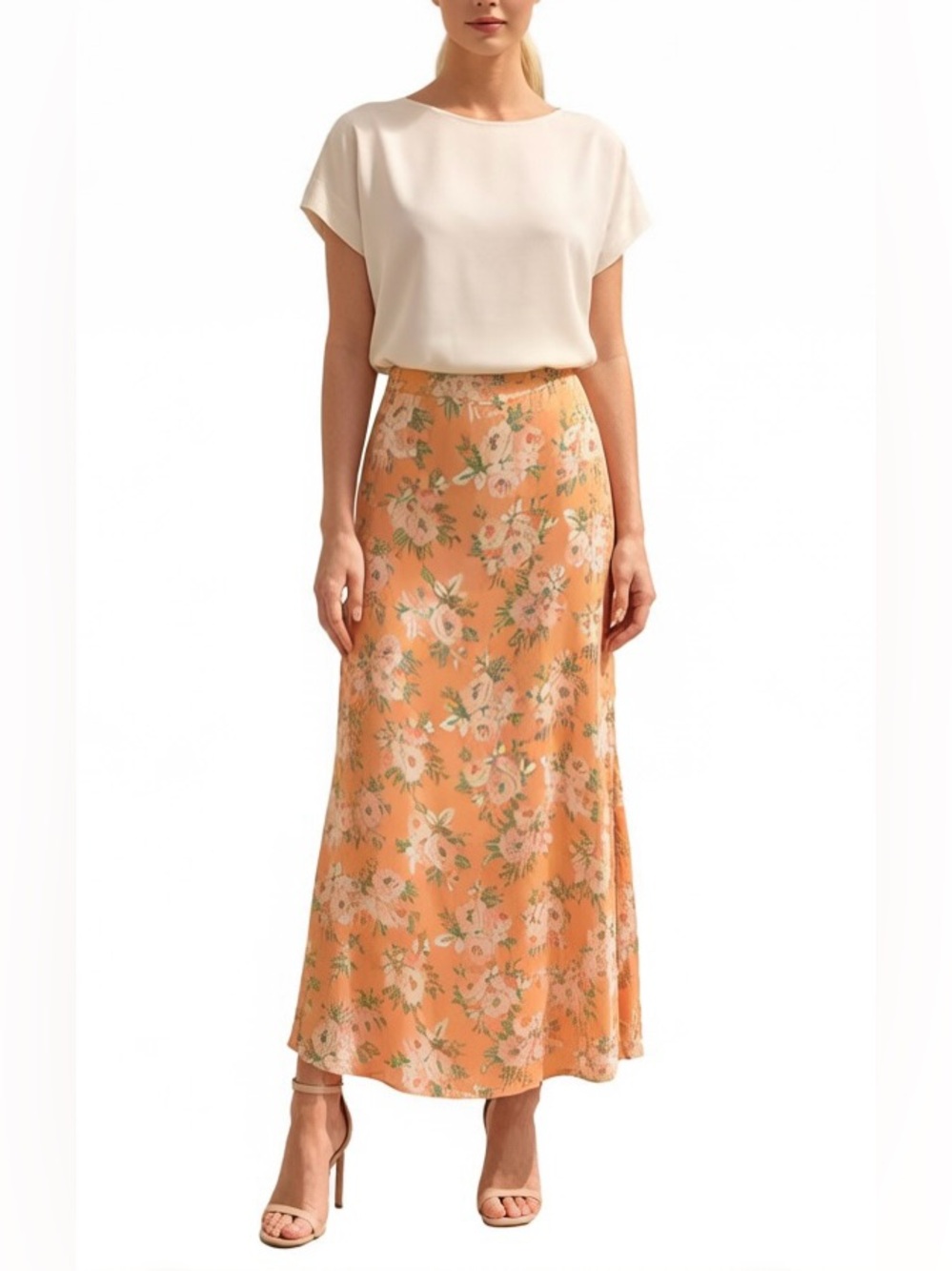 Ralph Lauren 100% Silk Floral Maxi Skirt 37” Peach Orange Bias Cut, Size 4